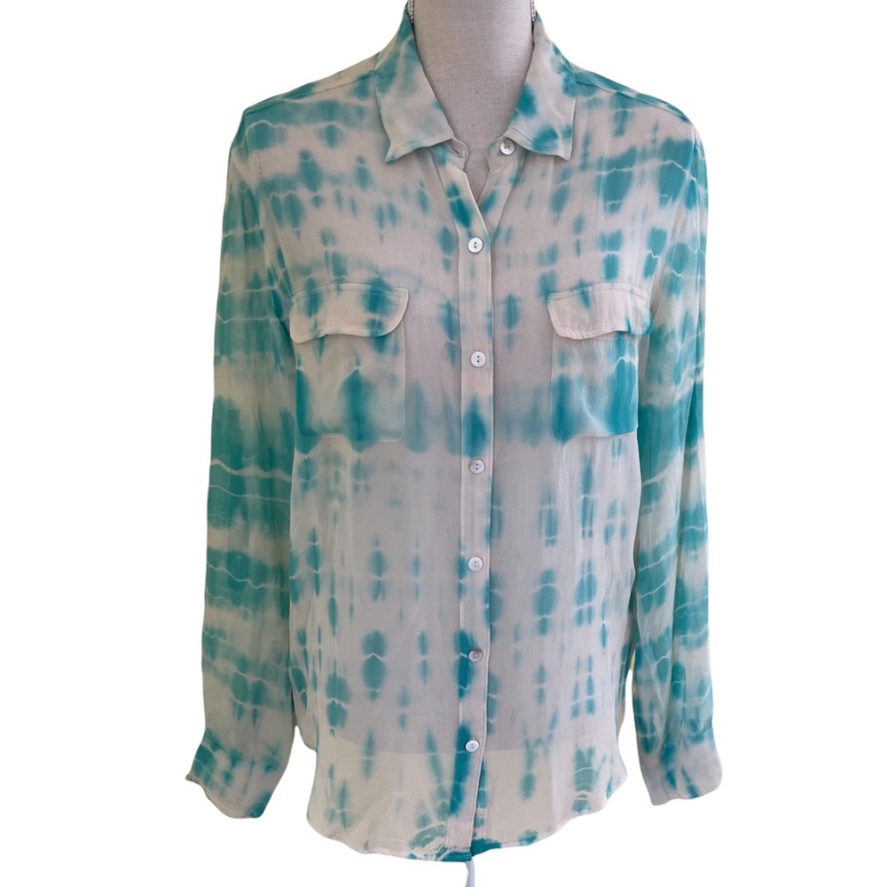 Gypsy 05 Global Village 100% Silk Tie Dyed Cream & Turquoise Button Down Blouse